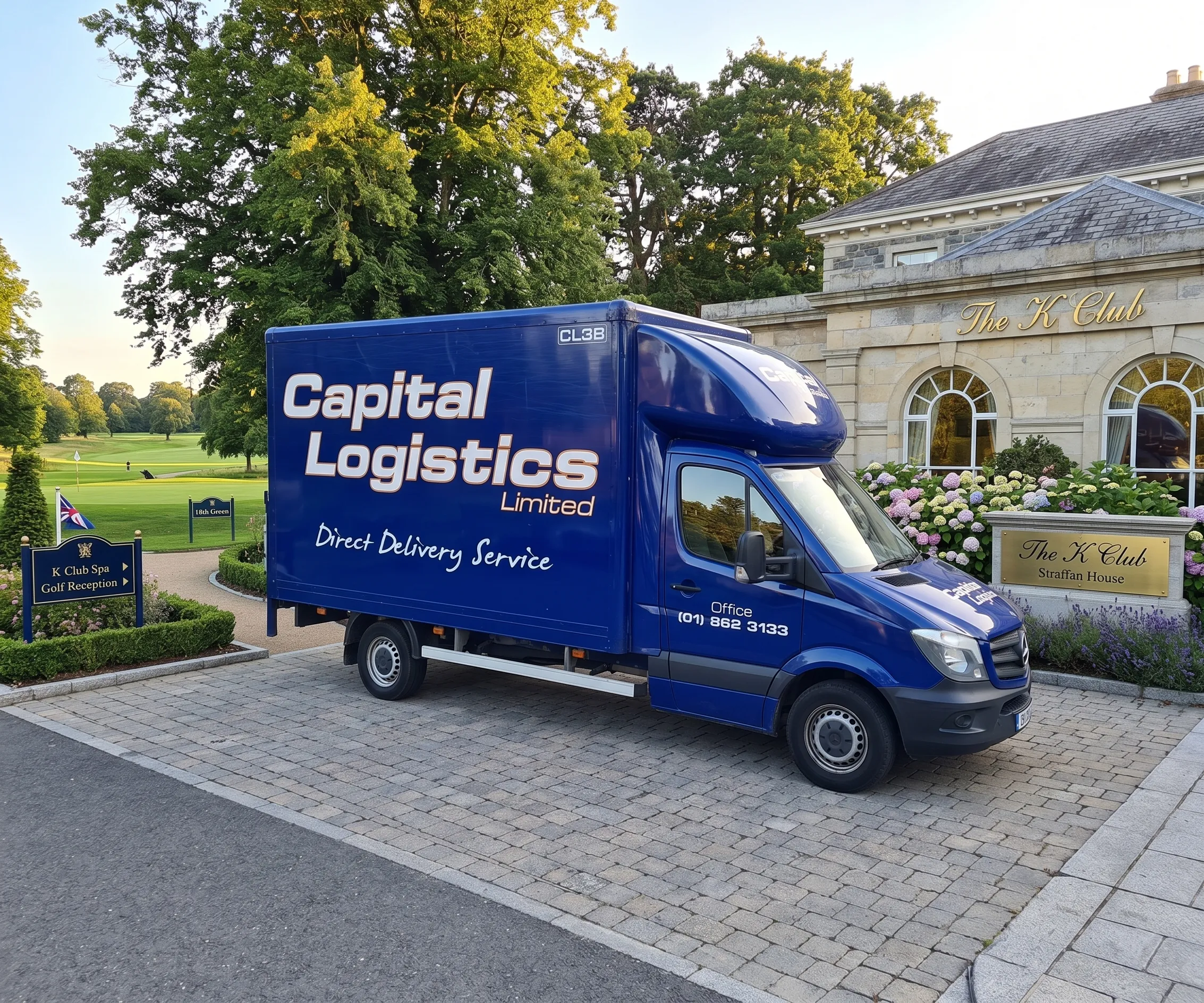 Capital Logistics Luton van outside The K Club, Straffan — Ireland's premier golf resort